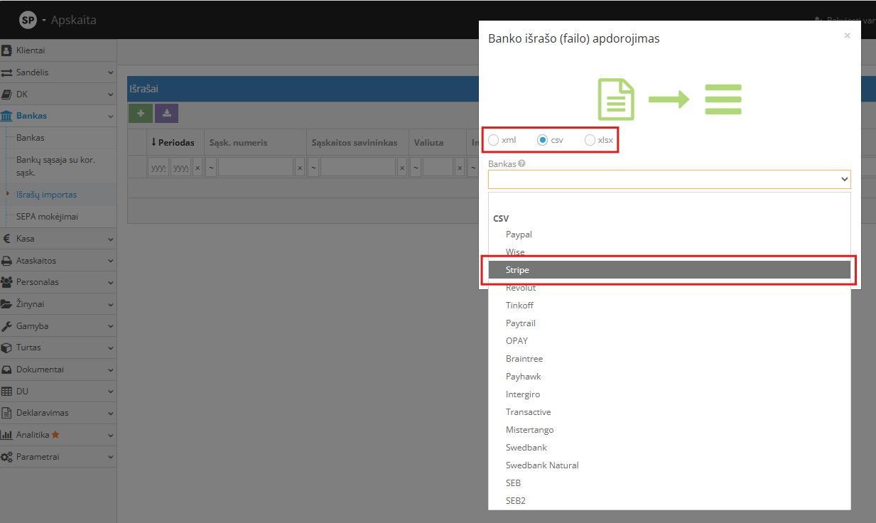 Bank statement import start window in Site.pro program